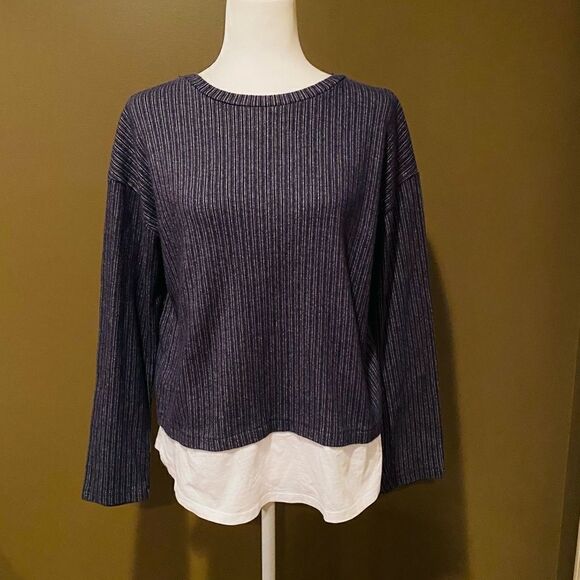 Zara Sweater Blue & Grey Stripe Size Small Faux Undershirt At Bottom - Picture 2 of 12